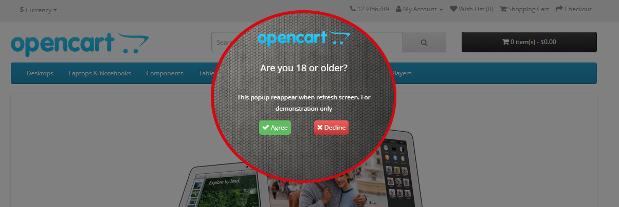 OpenCart age verification popup for visitor