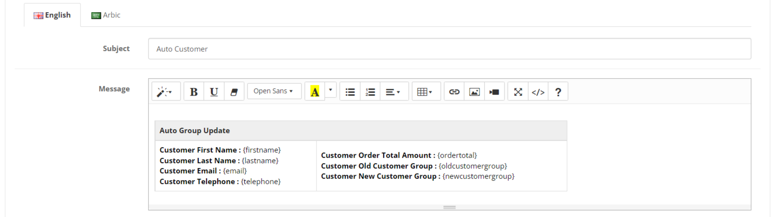 email template for auto customer group  in opencart