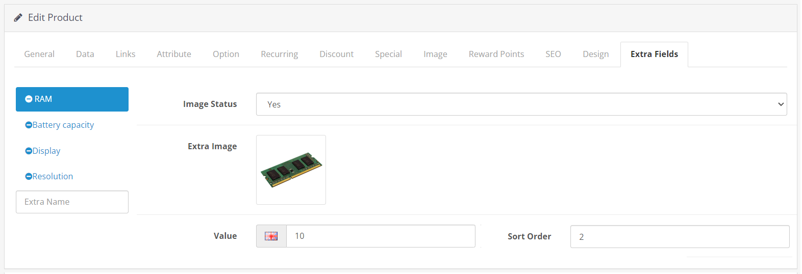 assigning extra fields to products using product extra fields opencart extension