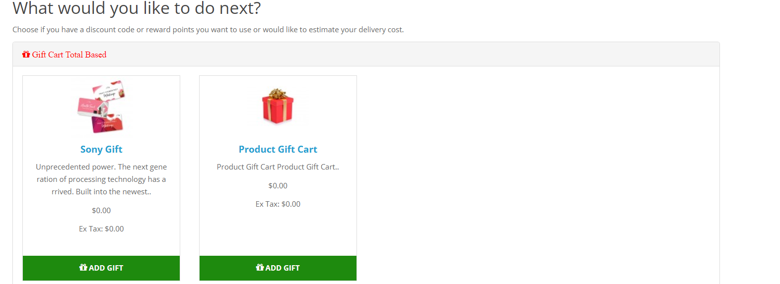 OpenCart product gitfs showing for selction as gift on the shopping cart page