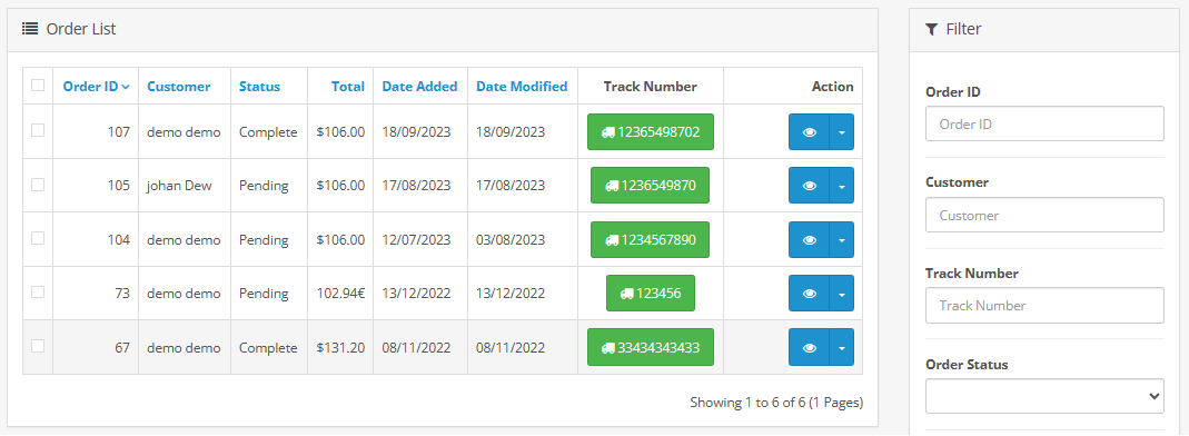 order tracking number showing in order list with filter admin opencart.png