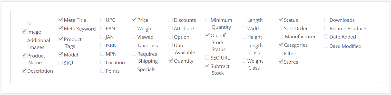 product fields list for bulk product edit in tmd opencart module