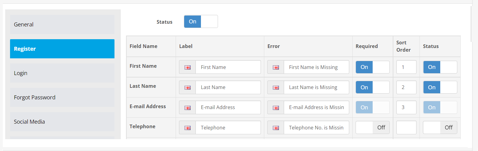 edit registeration form in opencart quick login module