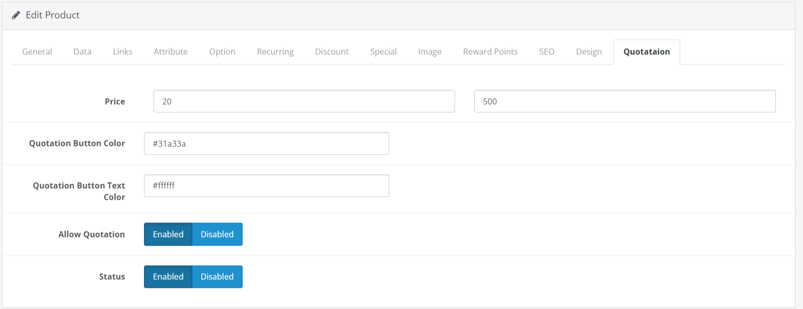 enable quotation on product using opencart product quotation module