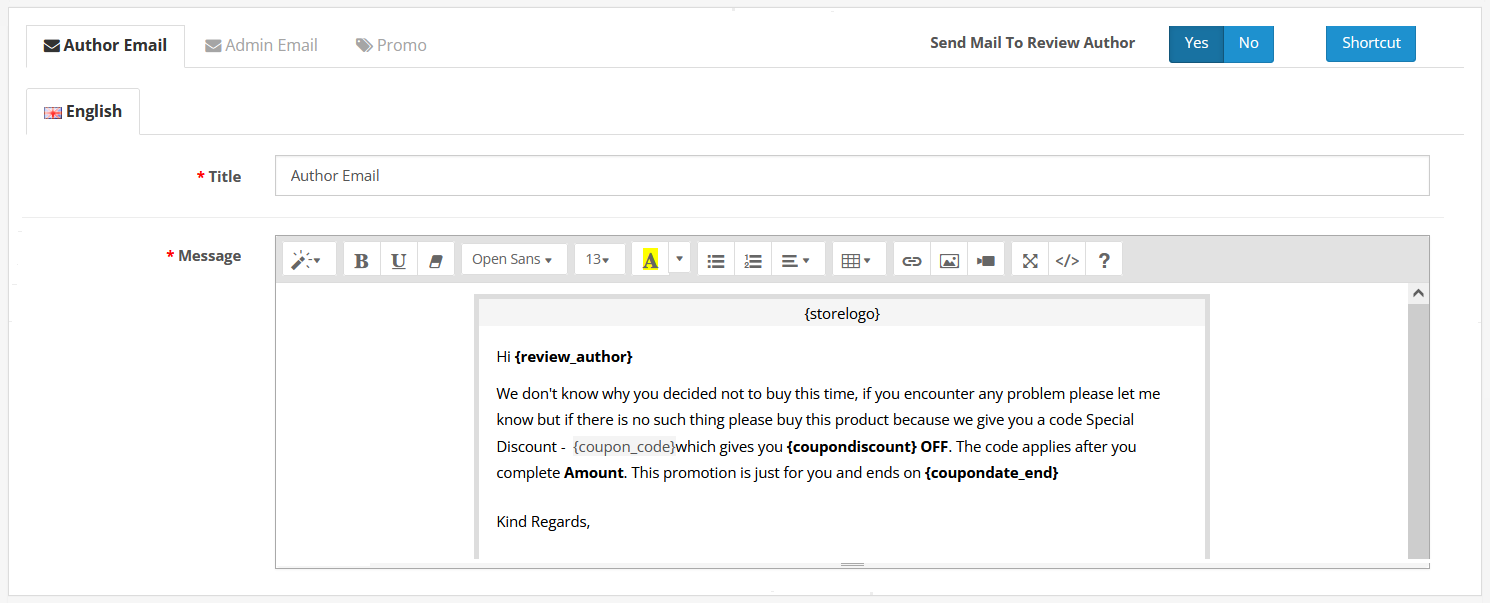 admin creating email template to-send customer when they submit review in opencart