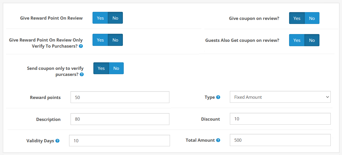 reward and coupon setting in opencart review extension