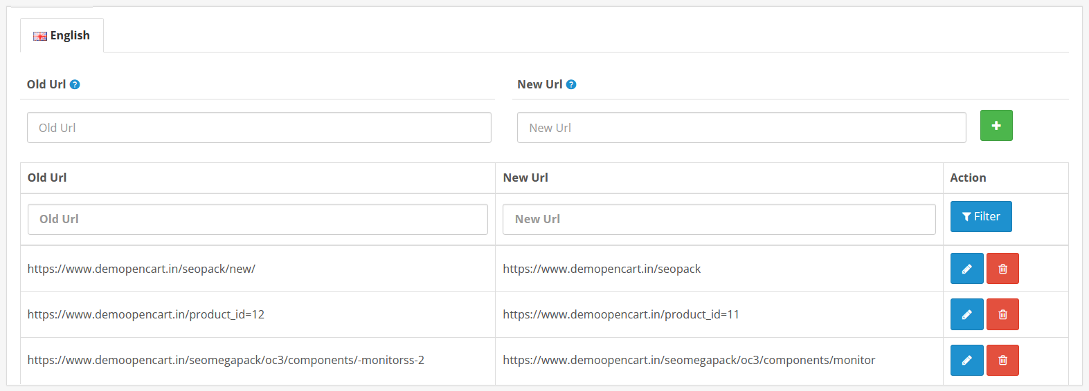 applying redirect url 301 code in OpenCart using seo plugin