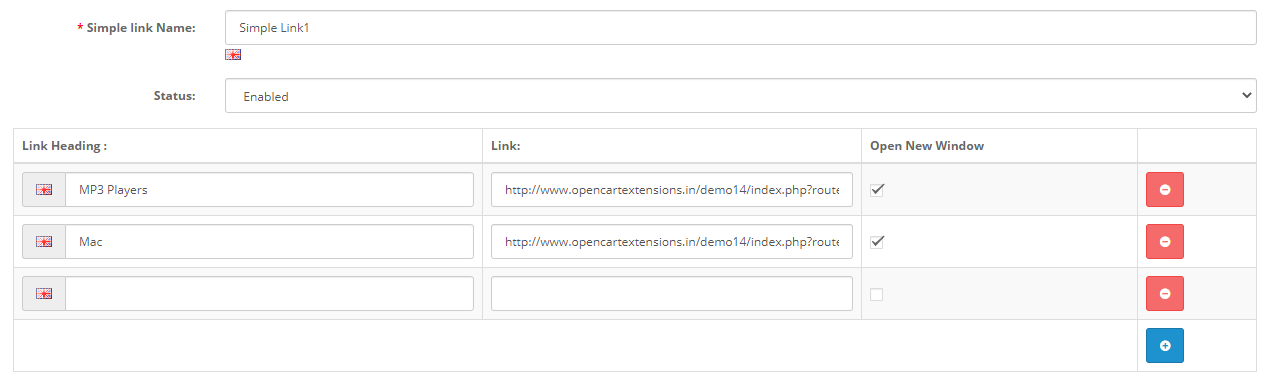 creating set of links in OpenCart simple link module