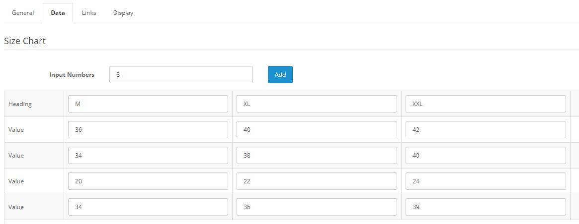 Admin setting of  OpenCart Size chart entering data of sizes