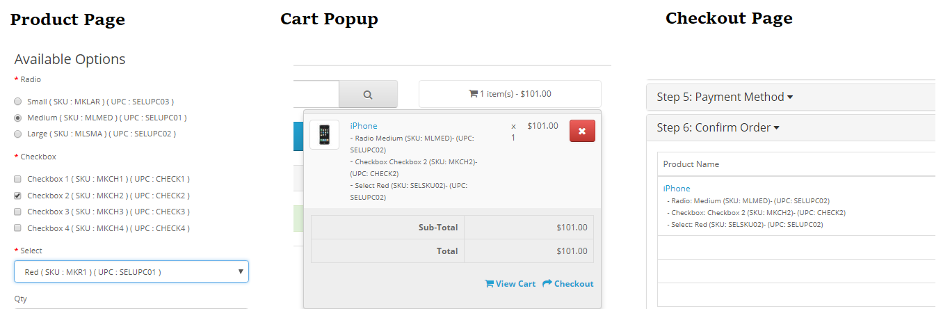  product option sku and upc dsiaply on cart, product, chekout page