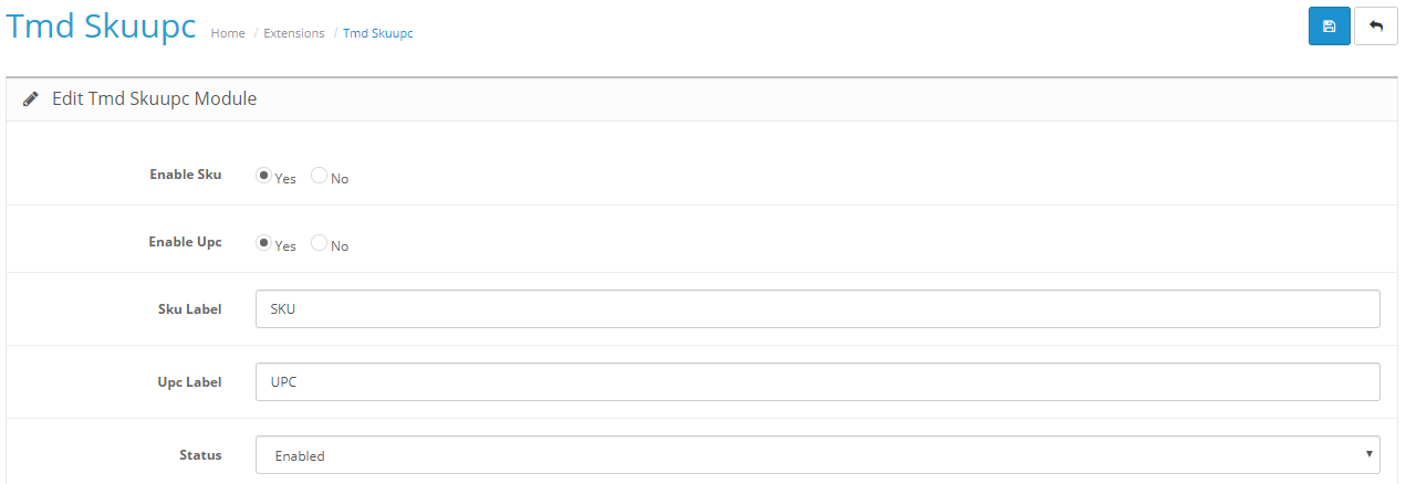 setting of OpenCart product option sku and upc extension 