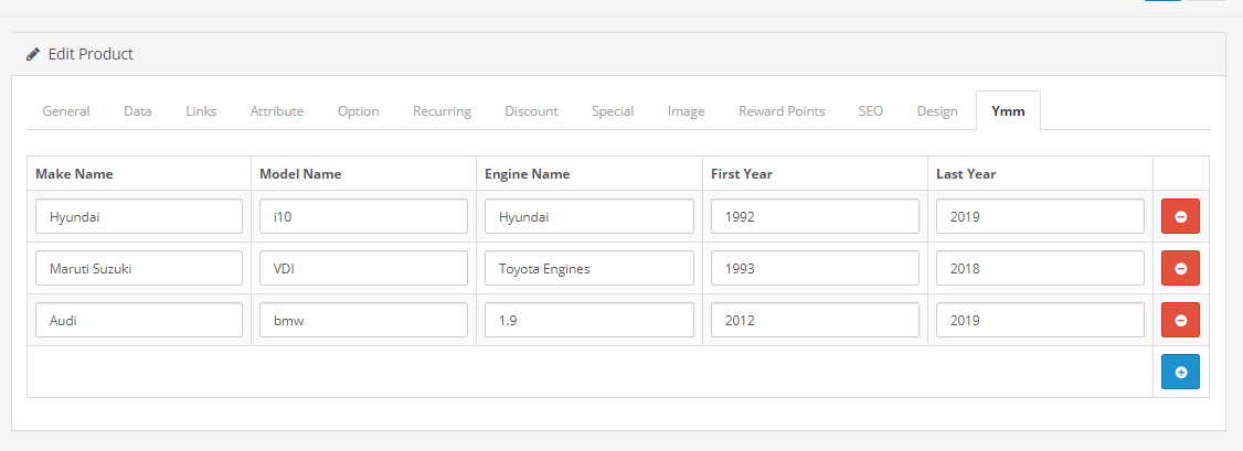 opencart year make model extension selecting on product page